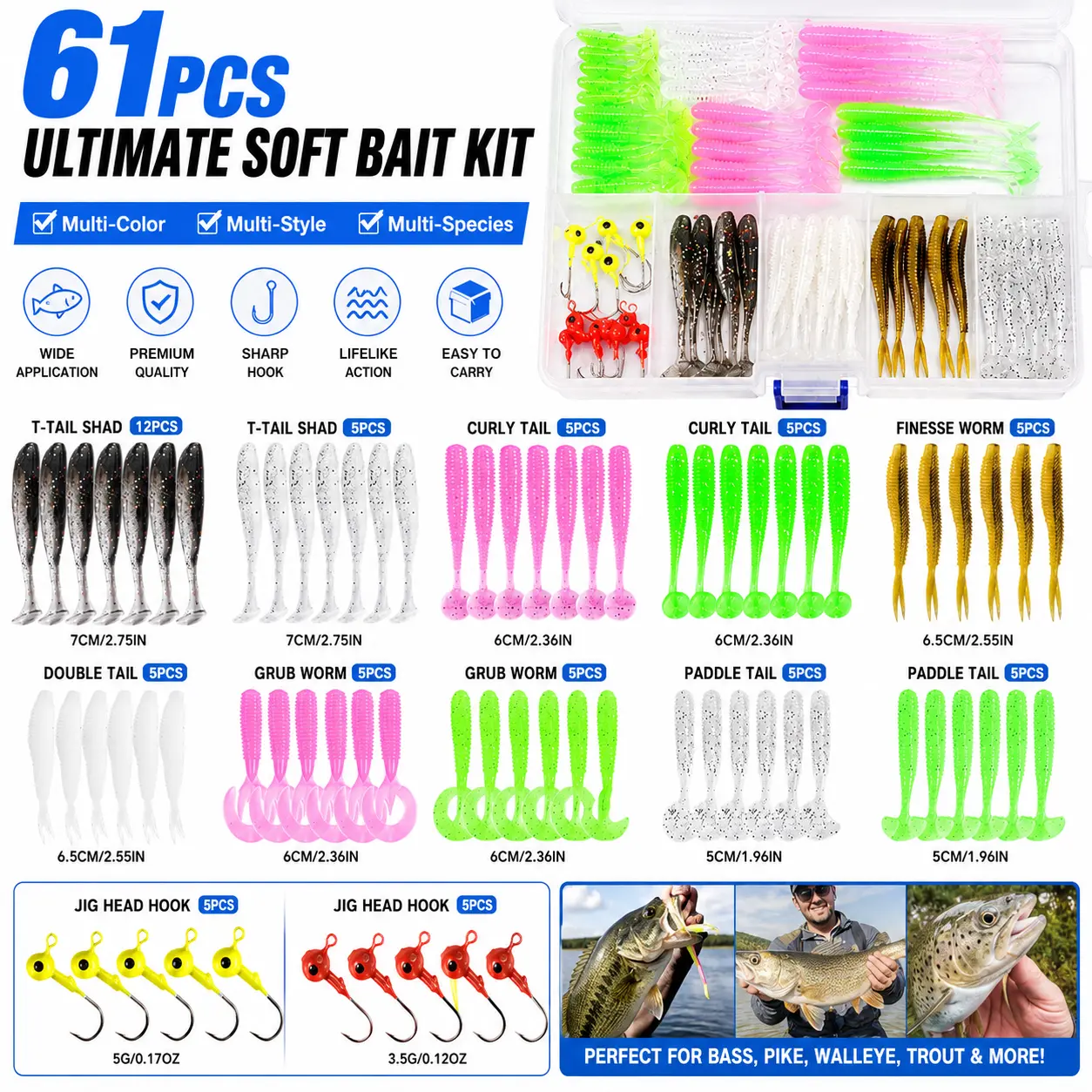 61pcs Ultimate Soft Plastic Lures Kit - Fishing Bait Set with Jig Heads, T-Tail Shads, Curly Tail Grubs, Worms for Bass, Trout, Walleye & More Complete and Accessories