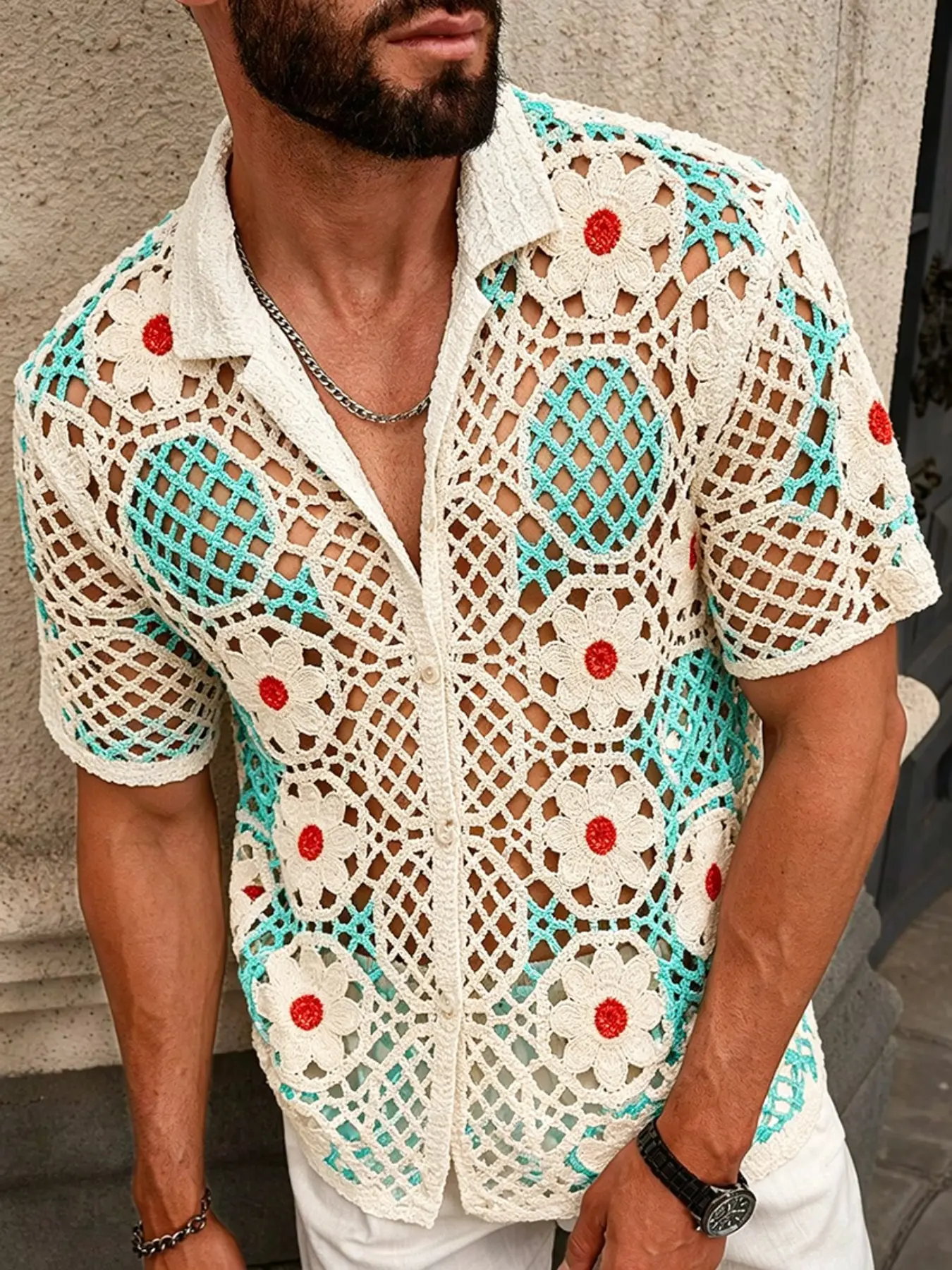 Vacation Pattern Knit Shirt, Casual Streetwear Top, Casual Summer Style, Unisex Open Front Sweater, Spring Summer Essential, Versatile Inner Outer Wear