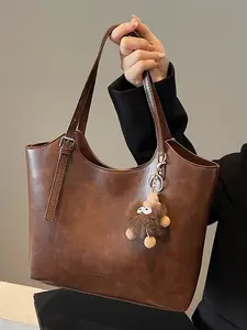 Niche Retro Distressed Design Tote Bag, PU Tote Satchel, Funny Plush Pendant Metal Buckle Adjustable Shoulder Strap Handbag, Classic Casual Versatile, A Variety Of Colors To Choose From, Suitable for Daily Commuting, Shopping, Fashionable Versatile Purse