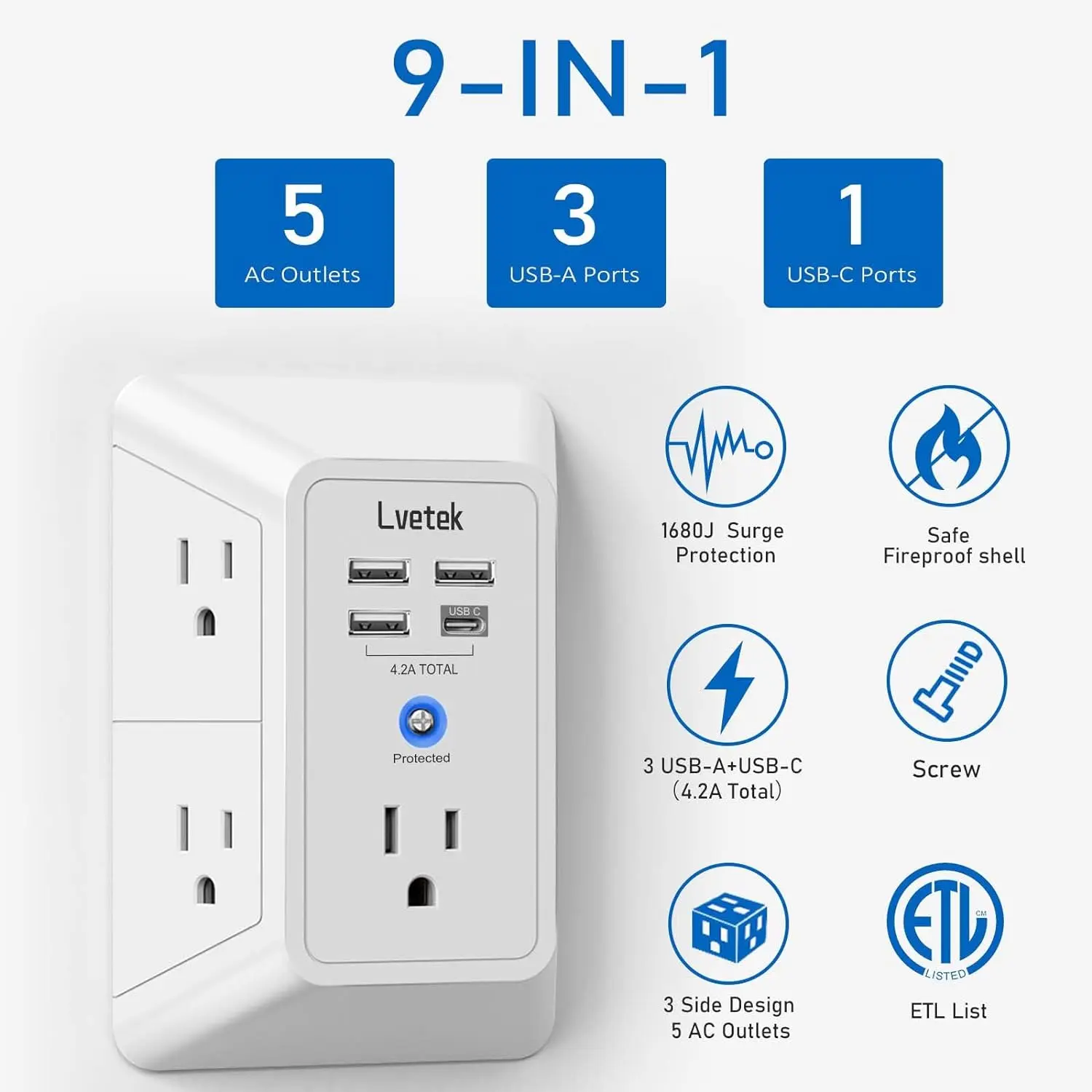 Back to School Multi Plug Outlet Surge Protector- Lvetek Wall Charger with 3 USB Ports (1 USB-C), 3 Sided 1680J Surge Protector for Wall Mounted, ETL Listed Fireproof Power Strip
