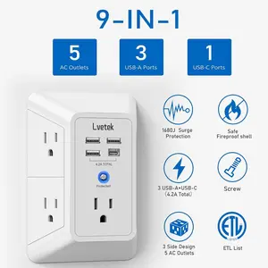 Multi Plug Outlet Surge Protector- Lvetek Wall Charger with 3 USB Ports (1 USB-C), 3 Sided 1680J Surge Protector for Wall Mounted, ETL Listed Fireproof Power Strip