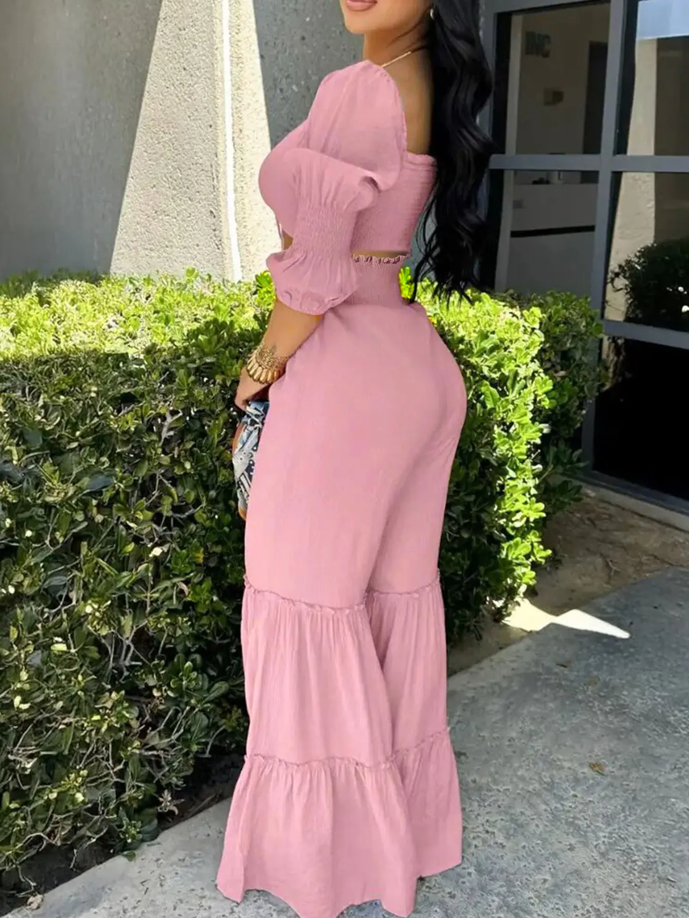 Women's 2-Piece Matching Set - Square Neck Ruched Tie Cutout Crop Top & Smocked High-Waist Tiered Ruffle Wide Leg Pants, Light Slim Smooth Adjustable Casual Summer Vacation Outfit, Elastic