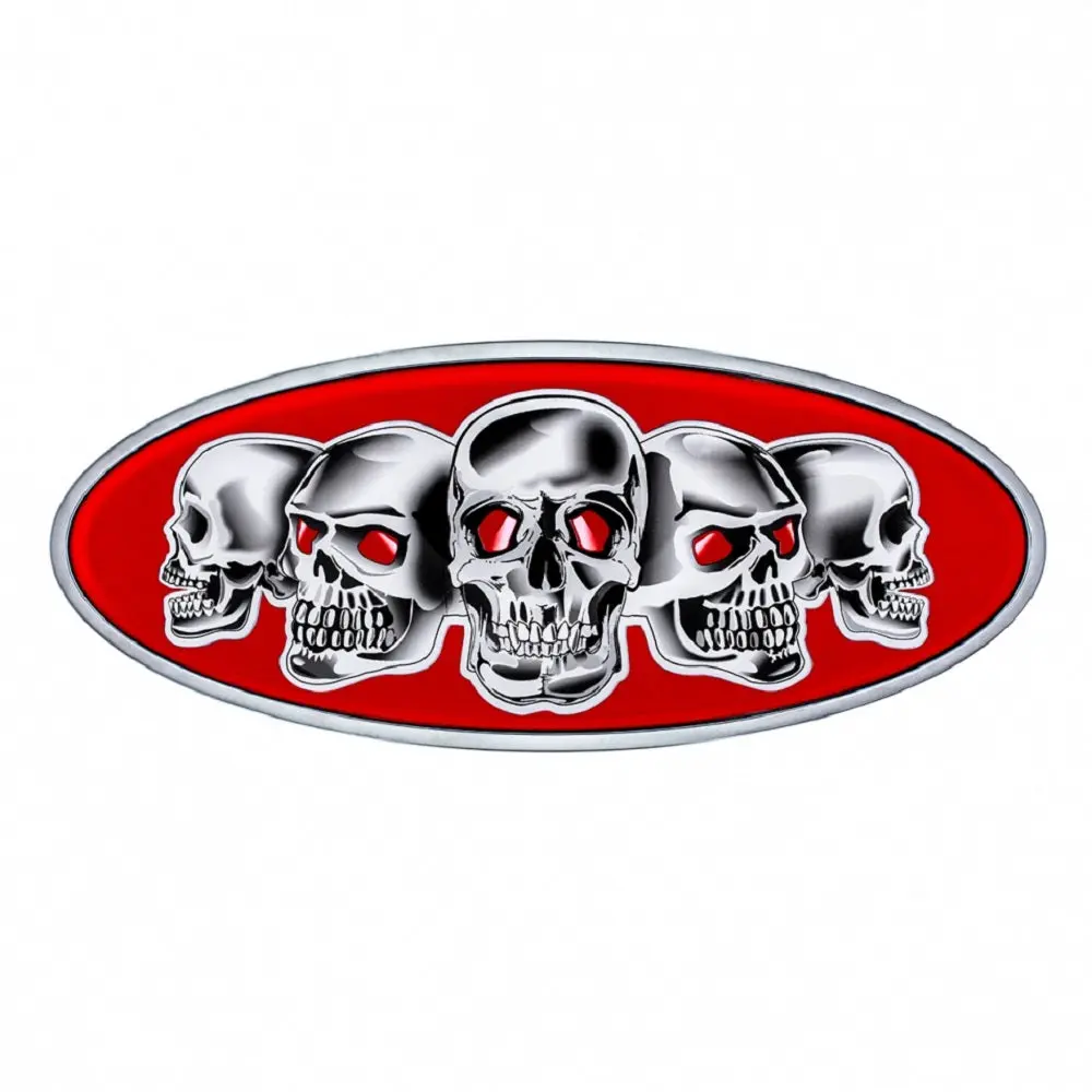 Peterbilt Truck Red Base Skull Metal Front Hood Emblem, Chrome Plated Die Cast, Double Sided, 7.875in x 3.25in, Mountable, Silver Finish, 6-Month Durability Guarantee