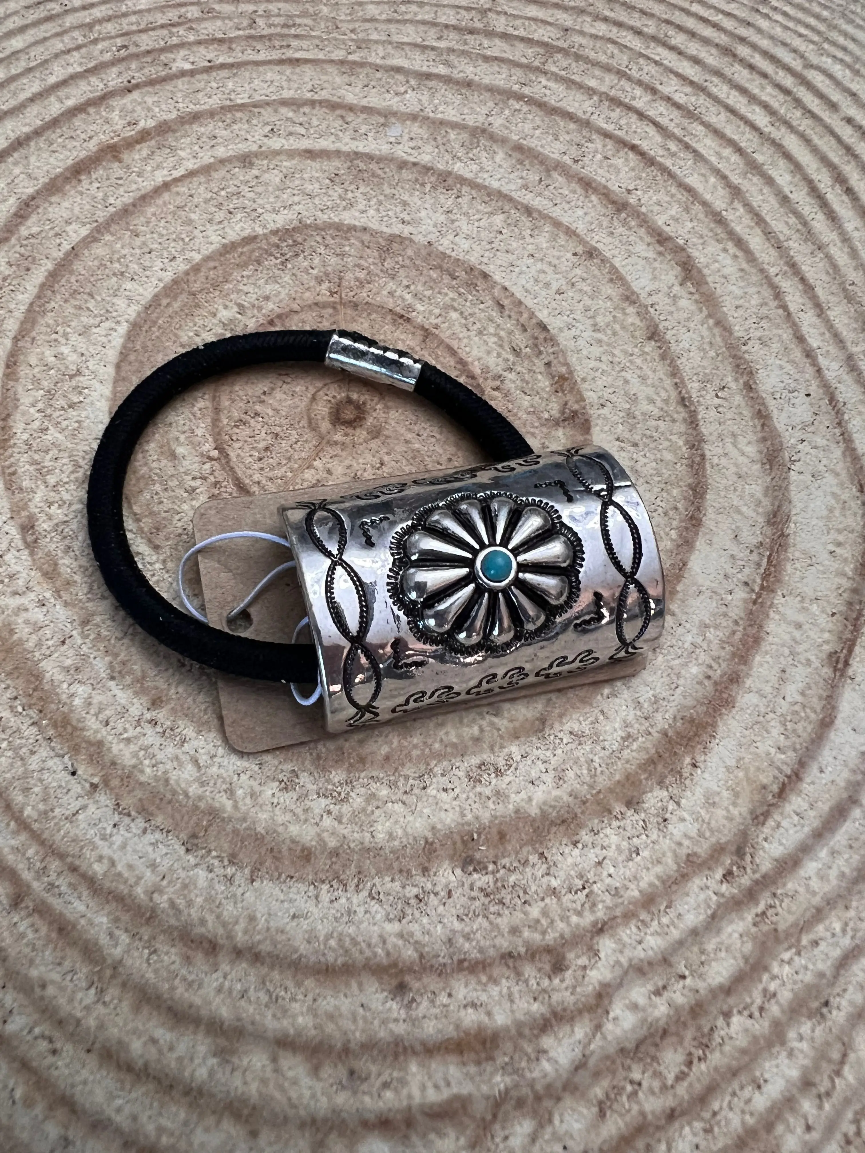Western Concho & Faux Turquoise Stone Hair Tie — Burnished Silver Hair Statement
