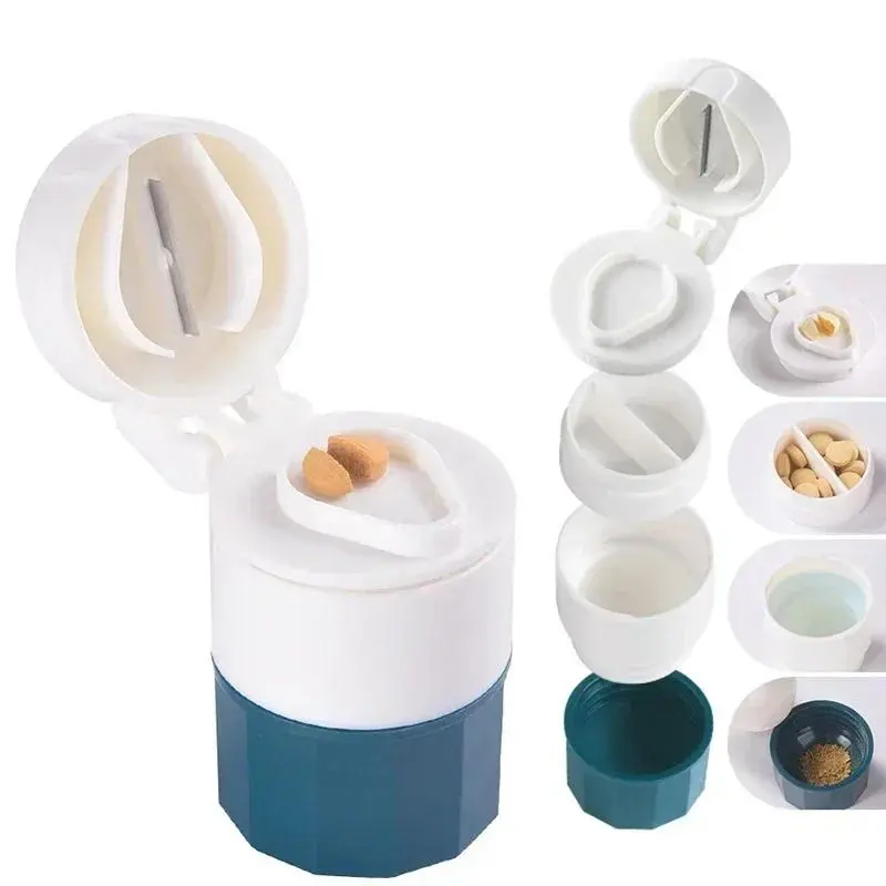 4-Layer 4-in-1 Portable Pill Organizer - Grinder, Splitter, Tablet Crusher, Medicine Storage Jar for Home Organization