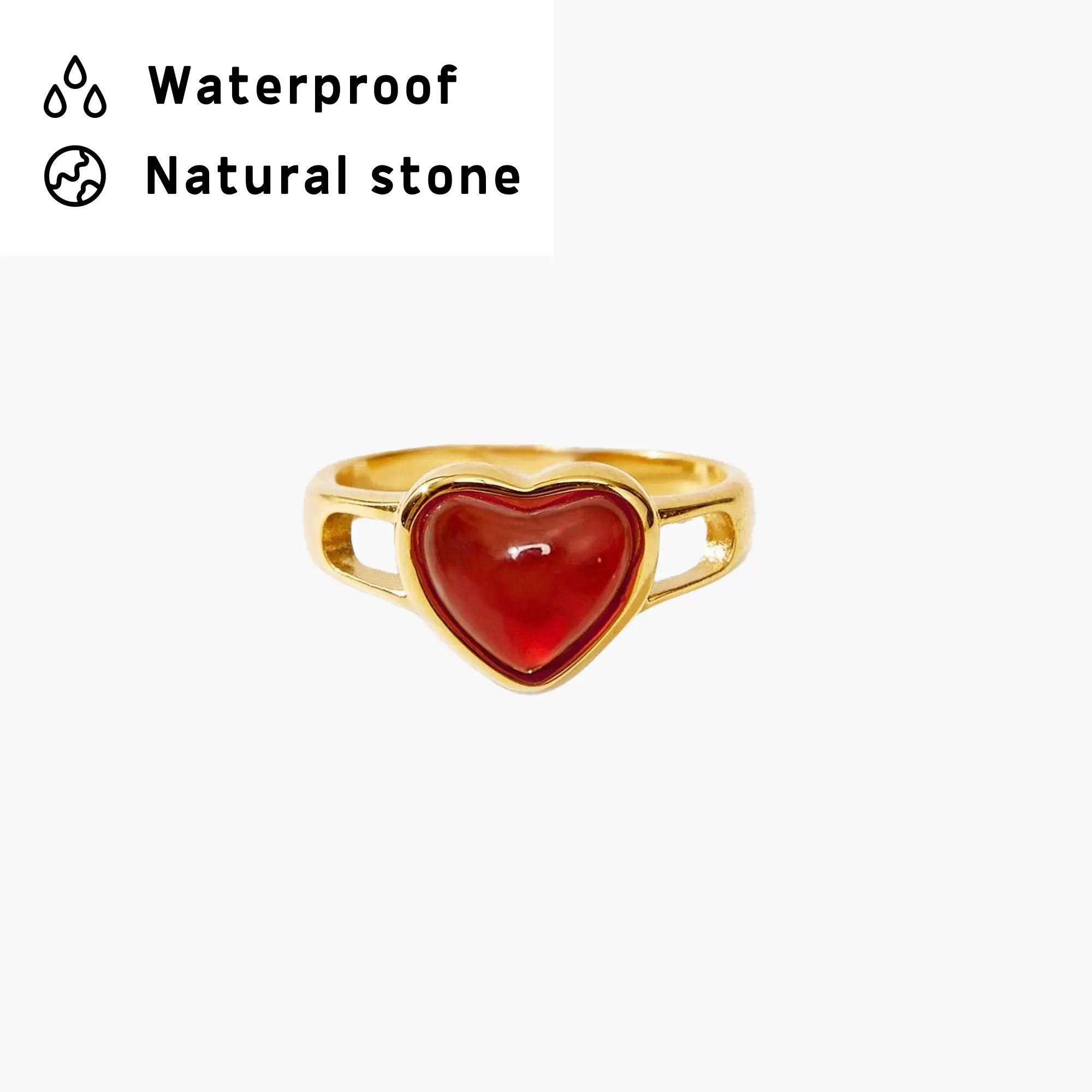 en route 18K Gold Plated Carnelian Heart Ring in Gold, Waterproof Jewelry with Natural Carnelian, Classic Heart-inspired Design, Perfect for Everyday Wear & Layering