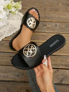 Women's Fashion Round Toe Flat Slippers, Casual Open Toe Tie Back Design, Artificial Leather Rubber Sole, Daily Commute Outdoor Shoes