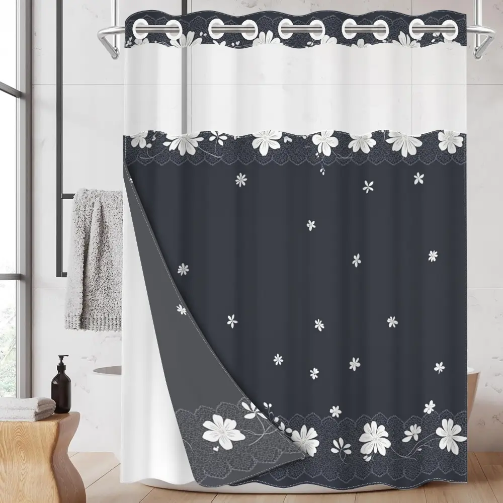 1pc hookless shower curtain with buckle lining, Floral shower curtains for bathroom, spring white floral design on a dark blue background with 2D flat printing, fabric waterproof lining, see-through double-layer shower curtain, 71 x 74 inches