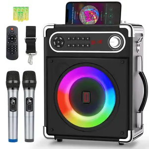 Karaoke Machine with 2 Wireless Microphones,Portable Bluetooth 5.1 Speaker for Adults Kids,Bass/Treble Adjustment,PA System with Remote Control, Lights, Supports TF Card/USB, AUX in,TWS,FM,REC Party Audio Rechargeable Devices Digital Durable Radio Stereo