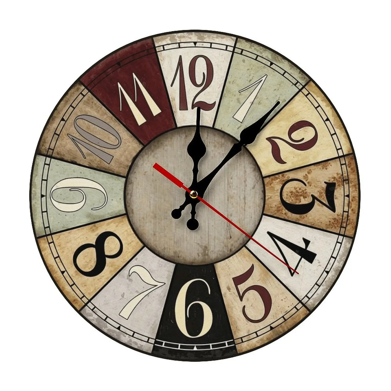 Vintage Patchwork Numeral Wall Clock - Retro Wood Silent Non-Ticking, 10/12 in, Easy Assembly, Battery-Operated Rustic Farmhouse Decor for Room Decor