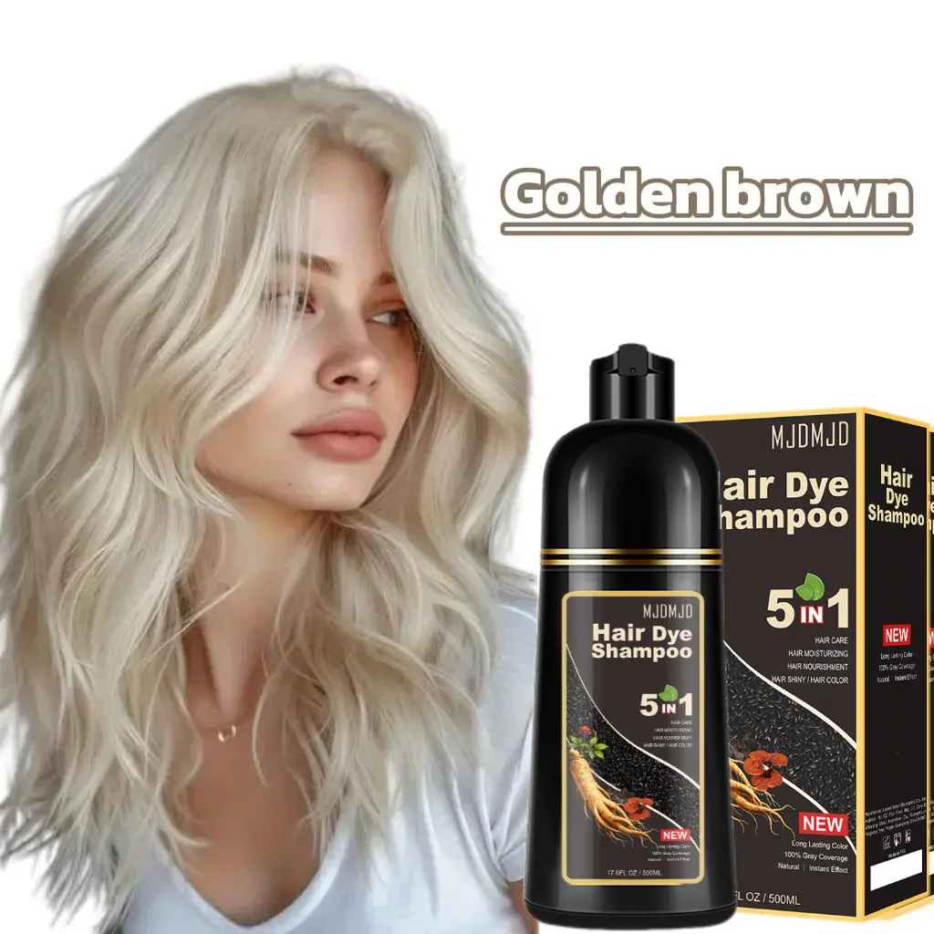 5-in-1 Hair Dye Shampoo – Black Gold Formula, Unisex, Golden Brown Hair Color, Instant & Long-Lasting Gray Coverage, Ammonia-Free, Gentle & Nourishing, Adds Shine, 500ml