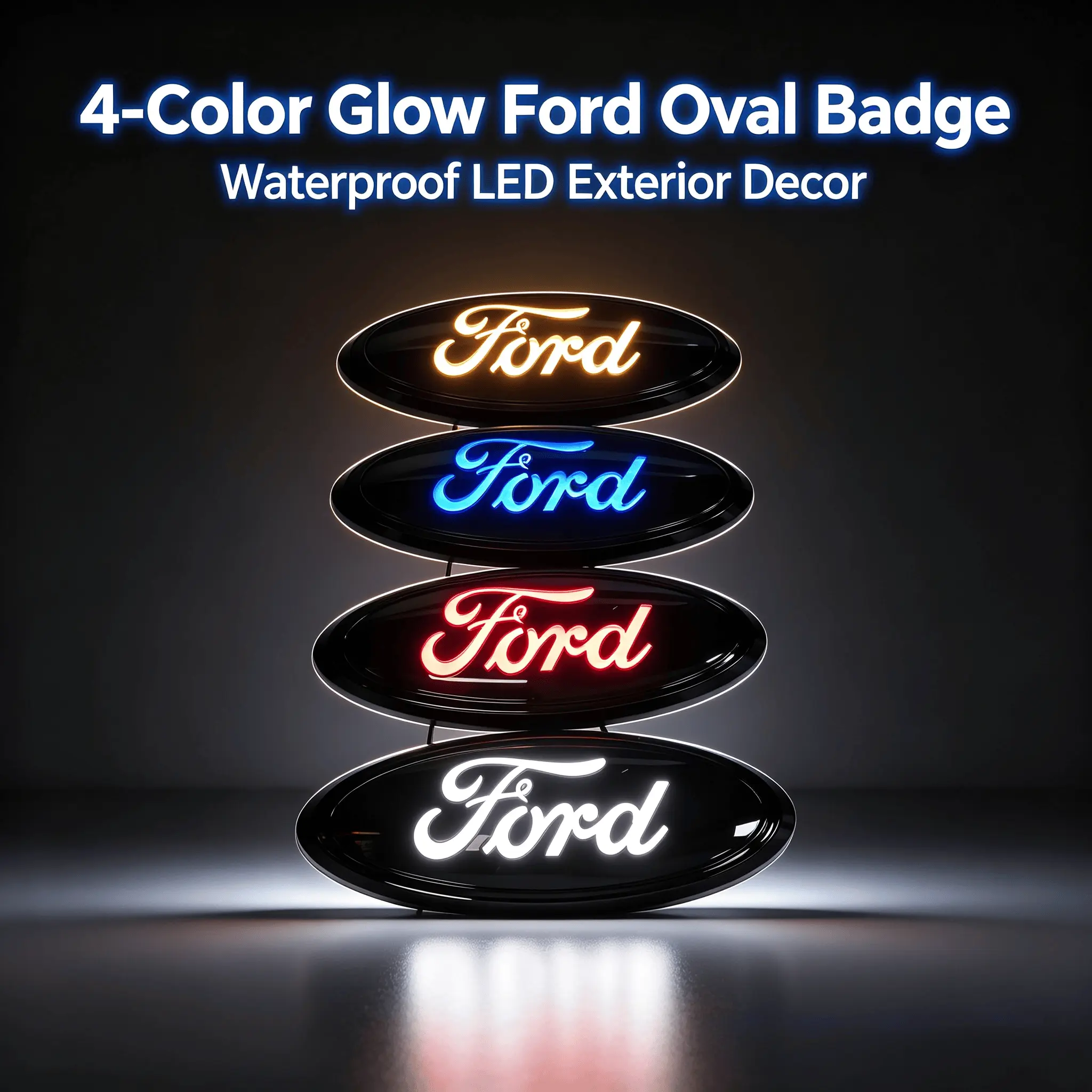 Oval Shape LED Illuminated Ford Exterior Badge - Weatherproof Car Decoration with 4-Color Glow (White, Blue, Red, Yellow) - Illumination Fit for All Ford Front Grille