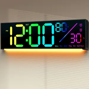 12in Rectangle ABS Creative Decorative Clock - Multifunctional Digital Alarm Clock with 11 RGB Color-Changing Remote Control, LED Night Light, Auto DST, for Living Room, Bedroom Home Decor, Digital Alarm Clocks