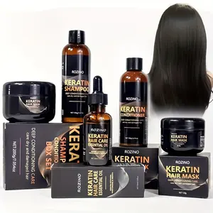 ROZINO Keratin Hair Care Shampoo Set 4-Piece Black Box for Deep Conditioning Dry Damaged Hair Repair Kit with Shampoo Conditioner Mask & Essential Oil