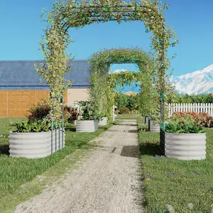 Garvee Galvanized Raised Garden Bed with 96-Inch Vertical Arch Trellis, Expandable Outdoor Planter Box Featuring Dual Sections, Rust-Resistant Design for Growing Flowers, Herbs, Vegetables, and Vines in Beige