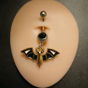 Black Bat Belly Piercing with Gold and Black Enamel Design for Stylish Body Jewelry