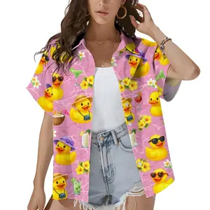 Cute Vacation Duck Button Down Hawaiian Shirt, Tropical Pink Summer Beach Short Sleeve Shirt, Funny Rubber Duck Hawaiian Shirt for Women