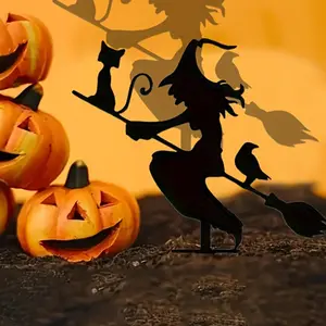 Witch Riding Broom Metal Garden Stake, Halloween and Autumn Outdoor Home Decoration, Unique Yard Decor, Outdoor Hanging Decor, Garden Sculptures Statues