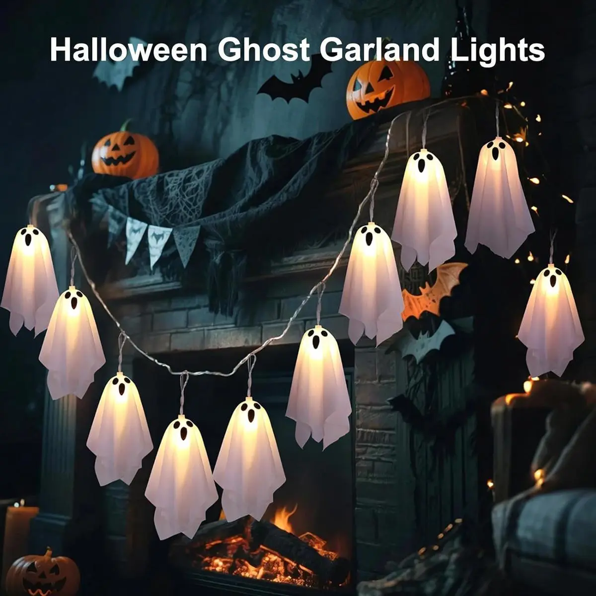 Spooky Ghost Light Garland – 10 LED Cute Ghost String Lights, 8 Lighting Modes, Battery Powered (3 AA), Waterproof, 6hr On/18hr Off Timer, Indoor Outdoor Halloween Decor for Fence Fireplace Window Party