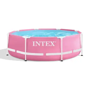 Intex 28290EH 8ft x 30in Pink Round Metal Frame Above Ground Swimming Pool with T-joints for Easy Assembly & 751 Gallon Capacity