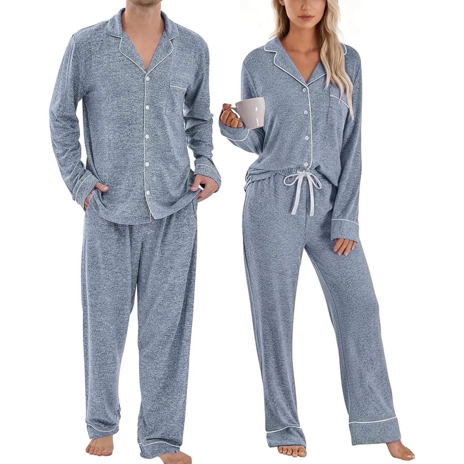 Matching Pajamas for Couples, Button Down Loungewear Soft Warm Long Sleeve Sleepwear His and Hers Pajamas Sets