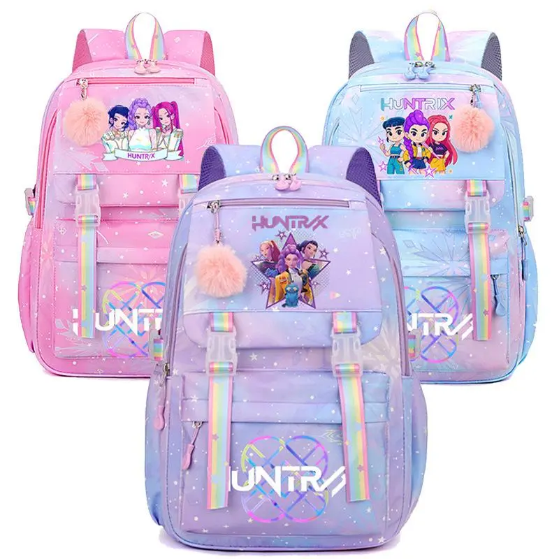Pastel Glitter Star Character Print Laptop Backpack Rainbow Ribbon Fluffy Pom Pom Travel School Bag