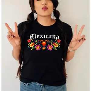 Mexicana Floral Shirts Featuring Traditional Mexican Folk Designs for Women's Summer Cotton Tops Celebrating Hispanic Heritage Month