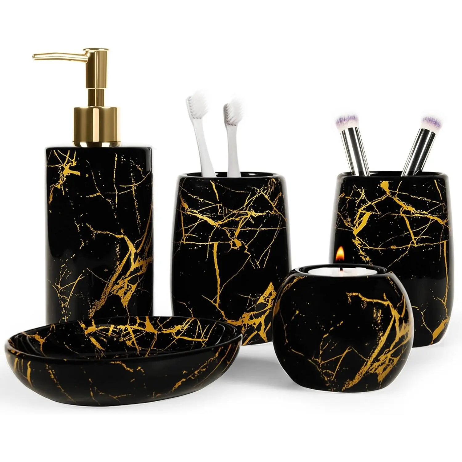 Ceramic Bathroom Accessory Set, 5-Piece Bathroom Accessory Set, Soap Dish, Toothbrush Holder, Soap Dispenser, Bathroom Tumbler & Candle Holder - Modern Bathroom Organizer, (Black & Gold)