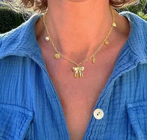 Tewiky 14K Gold Plated Charm Necklace for Women Trendy Dainty 14K Gold Plated Boho Charm Bow Pendant Paperclip Chain Necklace Zircon Sunflower Pearl Charms Necklace Fashion Jewelry Gift for Women For Valentine's Day gifts