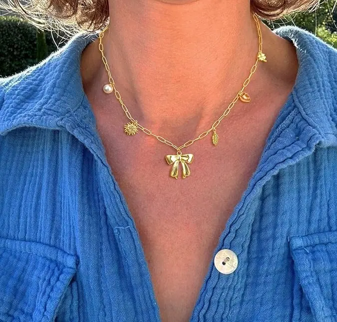 Tewiky 14K Gold Plated Charm Necklace for Women Trendy Dainty 14K Gold Plated Boho Charm Bow Pendant Paperclip Chain Necklace Zircon Sunflower Pearl Charms Necklace Fashion Jewelry Gift for Women For Valentine's Day gifts