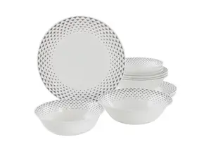 Ultra by Gibson Cane Peak 12 Piece Opal Glass Dinnerware Set in White With Grey Accents