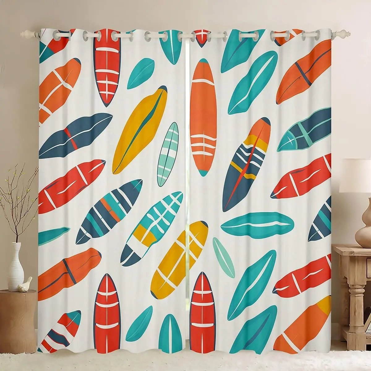 Surfboard Window Curtains,Surfer Surf Curtains & Drapes,Coastal Beach Themed Window Treatments,Summer Hawaiian Surfing Living Room Decor,2 Panels