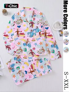 Women's Fall Winter Pajama Set, Cute Cartoon Monkey Print, Long Sleeve Button Front Top & Elastic Pants, Casual Home Wear, Loungewear