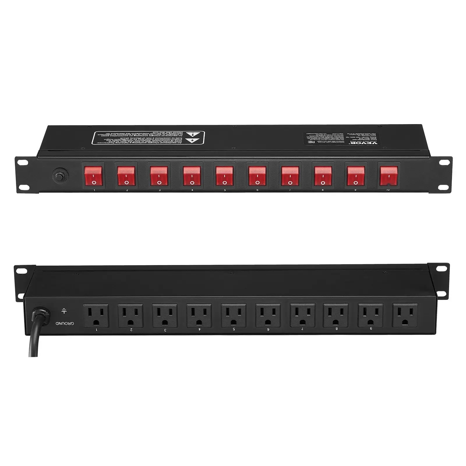 19-Inch 1U PDU Power Distribution Unit With 10 Outlets, Rack Mountable Power Strip, Surge Protection and Overload Protection, Ideal For Data Center, Server Room, Networking Equipment, Cabinet Mount, Safe Electrical Distribution