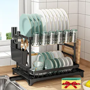 【Holiday Haul】Drying Rack Kitchen, 2 Tier Dish Drying Rack, Space-Saving Large Dish Racks for Kitchen Counter with Drainboard Extendable Spout Strainers & Utensil Holder and Knife Slots
