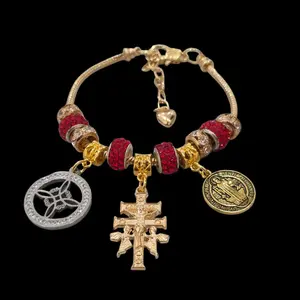 Red Gold Bracelet Triple Protection with Red Beads