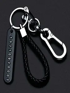 Ingemark Fashion DIY Phone Number Tag Keychain, Punk Braided Leather Rope Anti-Loss Car Keyring Accessory for Men, Fashionable Alloy Keychain, Stylish Keyring