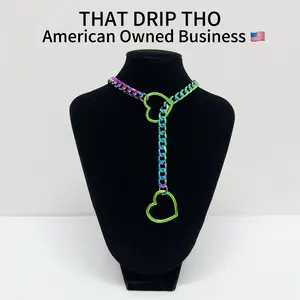 ThatDripTho Green Heart Pendant Slip Chain Necklace with Heart O-Ring, Adjustable Cuba Long Pull Chain for Couples, BF, GF, Punk Rock Jewelry for Women & Men, Daily Wear Accessory, Alternative Fashion Necklace for Birthday, Holiday, and Christmas Gift.