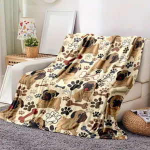 Ultra-Soft Pug & Dog Paw Print Flannel Throw Blanket - Perfect for Couch, Bed, Office, and Travel - Ideal Gift for Pet Lovers - All-Season Cozy Comfort, Dog Blanket-280GSM