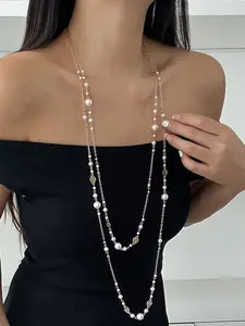 1PC French Fashion Faux Pearl Chain Long Necklace, Women's Party Gathering Accessories, Elegant Jewellery, Exquisite Chain Jewelry