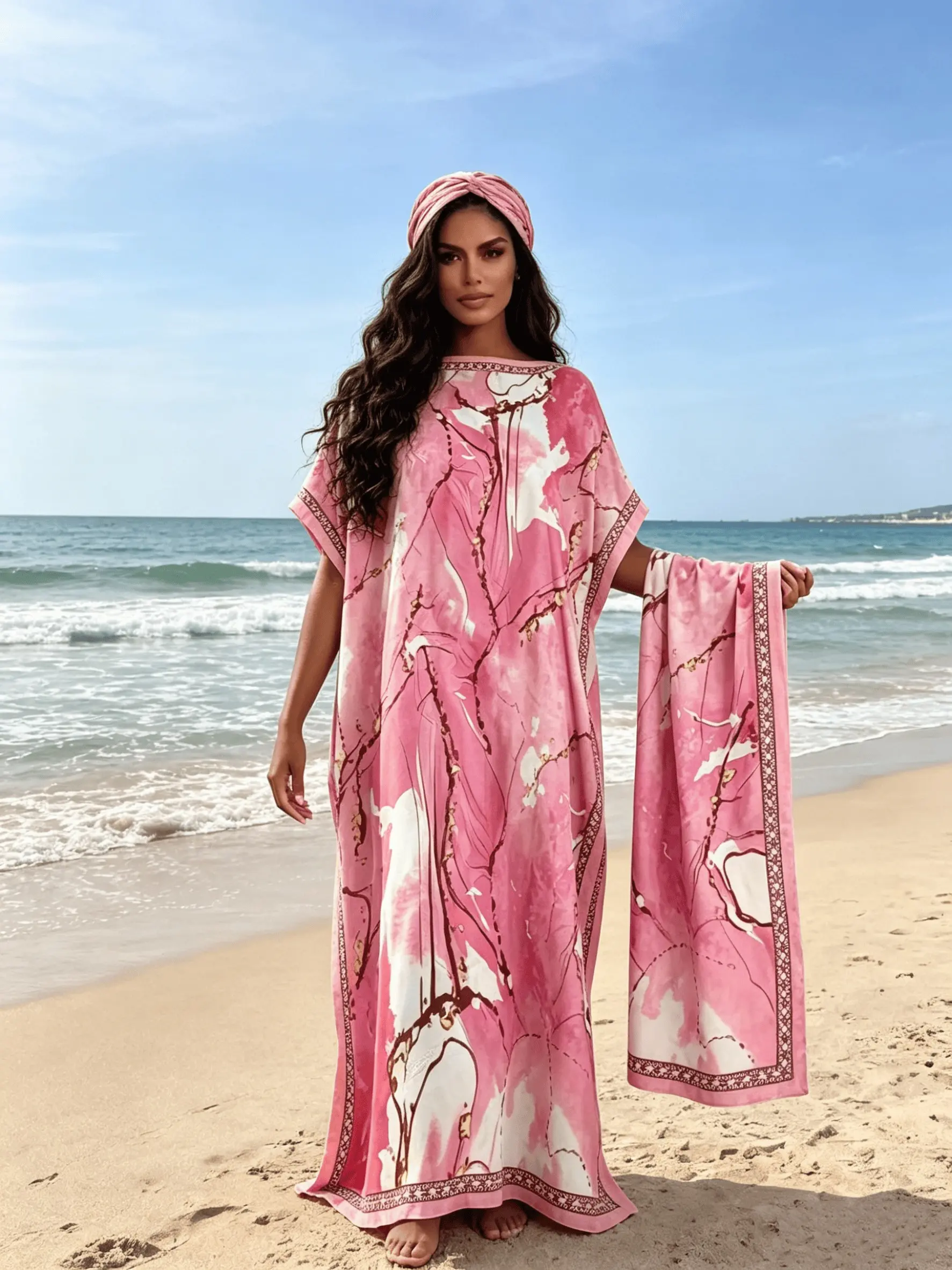 2026 New Women's 2 Piece Pink Abstract Marble Print Kaftan Maxi Dress with Matching Scarf, Silky Loose Satin Robe, Plus Size Friendly, Beach Cover Up, Resort Vacation & Evening Party Wear