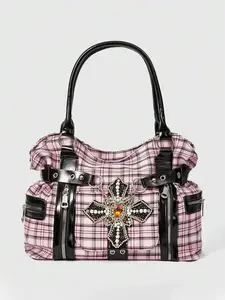 Cool Gothic style fashionable retro plaid tote bag, large capacity elegant contrasting personalized shoulder bag, with cross decoration, multiple zippered pockets, reasonable separation, can accommodate tablets, files