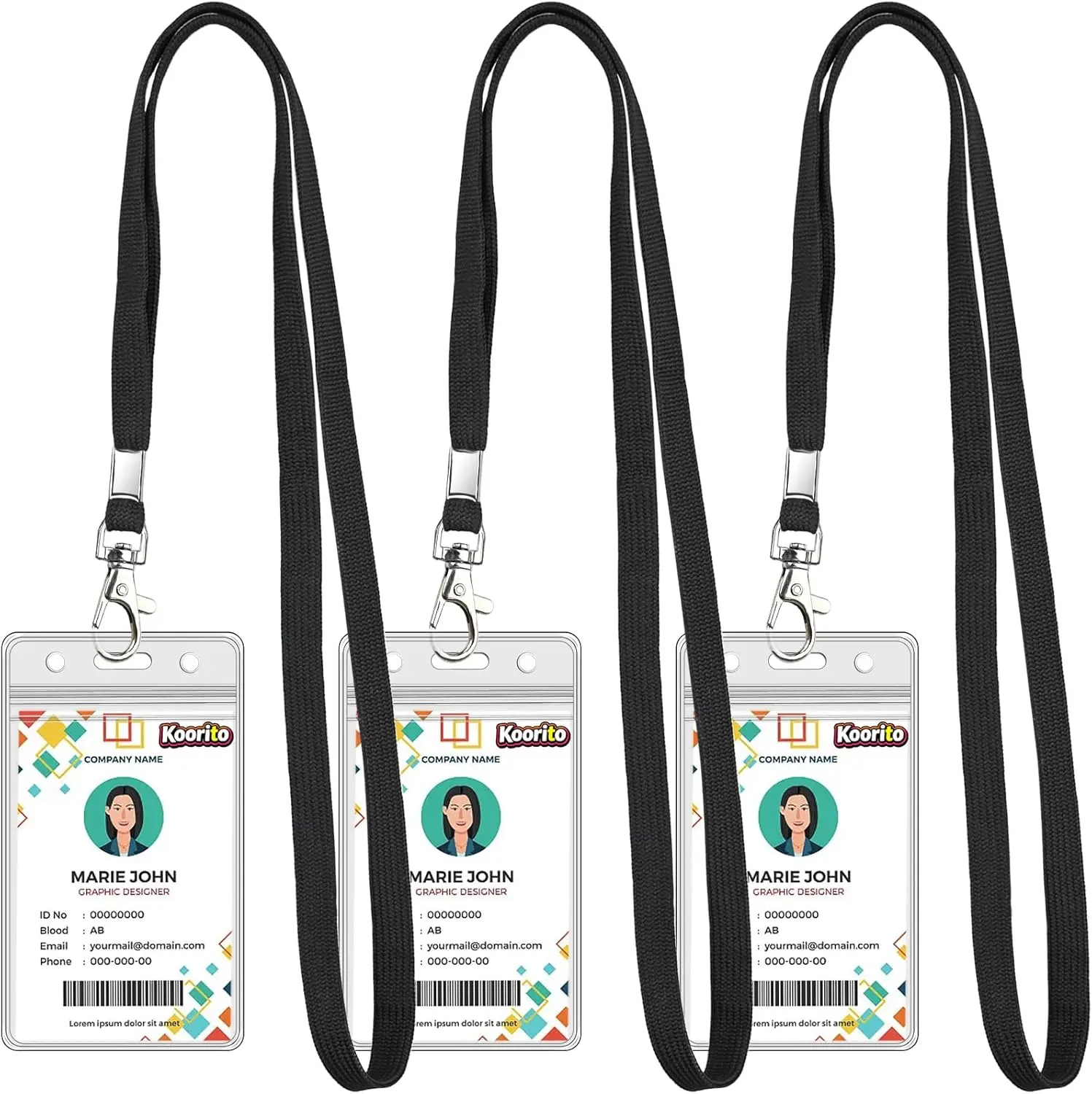 3 Pack Clear ID Badge Holder with Lanyard Black Lanyards with Vertical Waterproof ID Badge Holder for Office, School, Travel