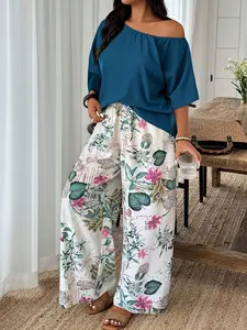 Plus Size Women's Two-Piece Set, Solid Color One Shoulder Top & Tropical Plant Floral Print Pants, Casual Vacation Style, Leaf Print Set