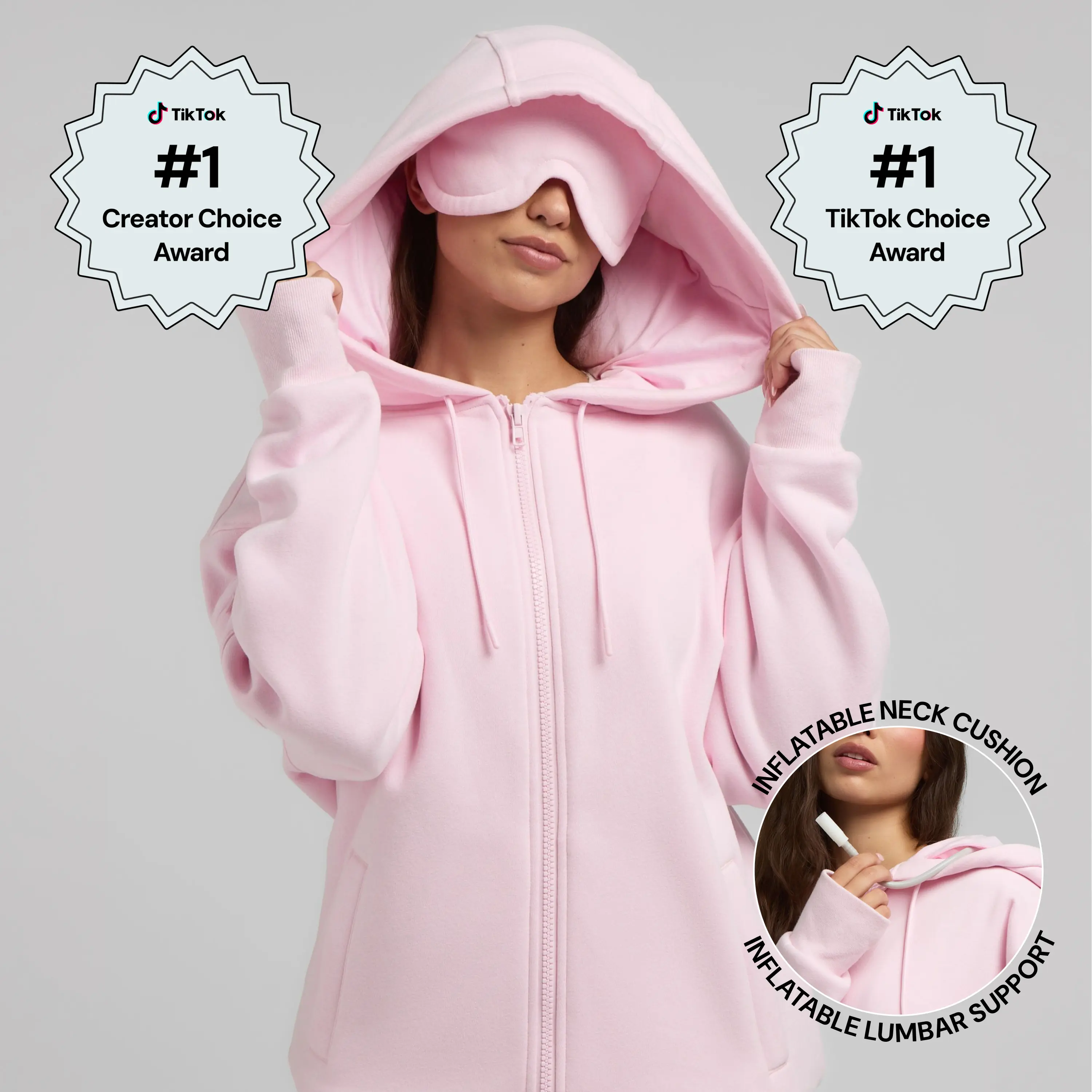 Comfrt | Inflate Zip Hoodie – Mega | CloudTouch Fleece Zip-Up With Built-In Travel Pillow & Eye Mask
