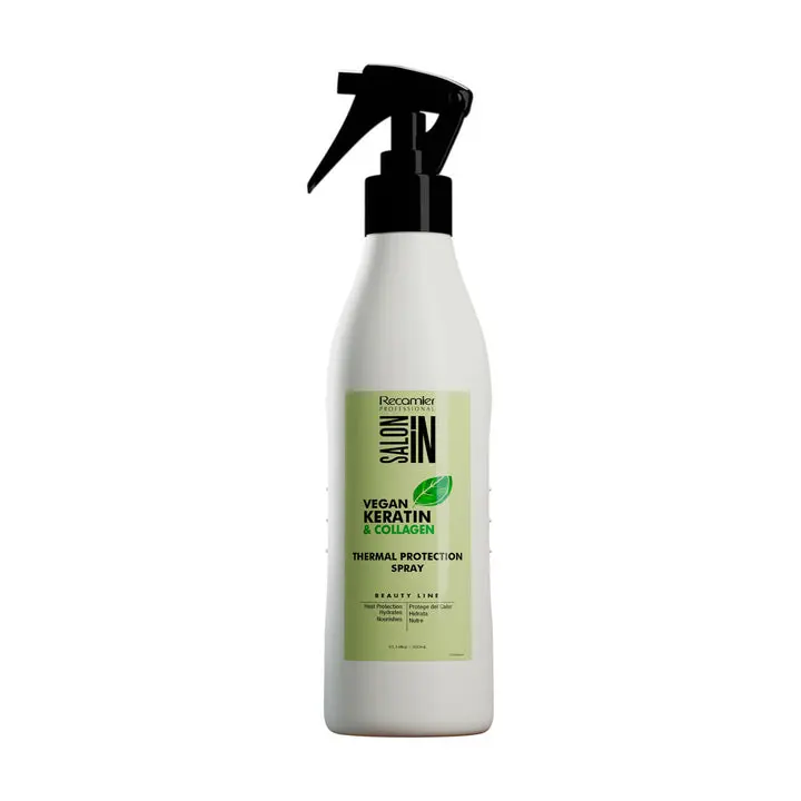 RECAMIER Vegan Keratin & Collagen Thermal Protection Spray, Lightweight Leave-In for Smoothness and Shine, Protects Hair from Flat Ironing, Haircare, 10.14 fl oz, Shiny Hair, Plant Based, Liquid, 300Ml, Moisturizing, Moisture, Acacia Seval Cum Extract