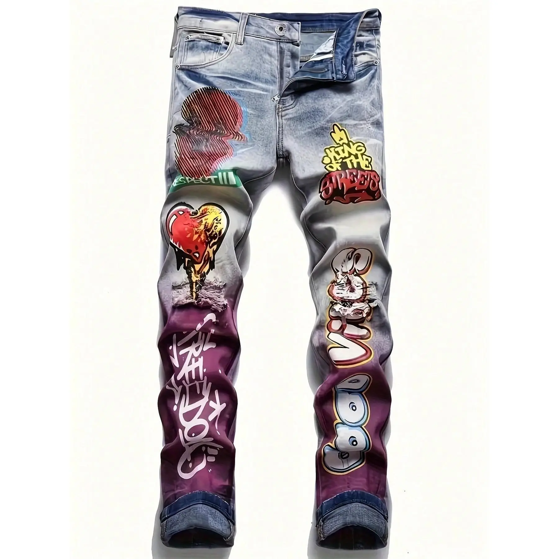 New Foreign Trade Style Men's Jeans Elastic Hole Patch Stitching Men's Straight Jeans Men Jeans Para Hombre Straight-Leg Wide-Leg Stretch All-Season Streetwear Y2K Vintage Wash Men's Classic Wide Denim Pants Menswear Trouser Menswear Trouser Blue Casual
