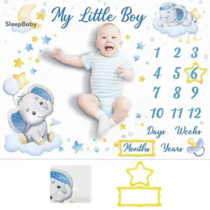 Baby Monthly Milestone Blanket, Elephant Numbers Soft Growth Blanket Baby Shower Photo Booth Prop