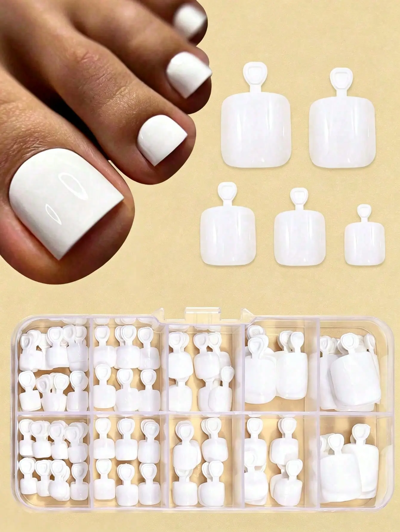 Press on Nails Stick-on Sets - 120 Pcs, 12-Size Short Square White Full-Coverage Glossy ABS Plastic False Nails & Accessories for DIY Easy Apply