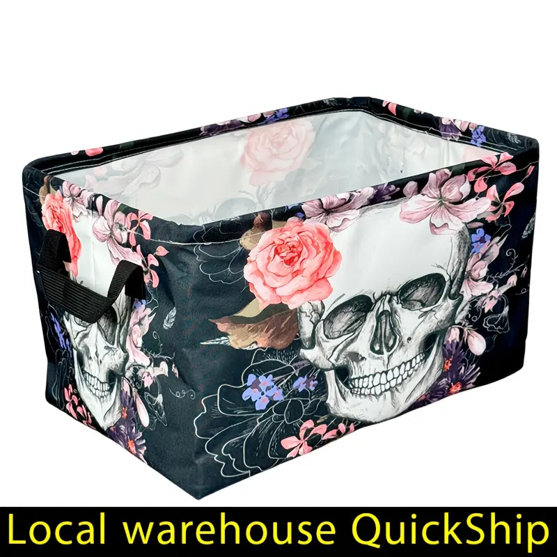 Extra-Large Foldable Gothic Laundry Basket - Pink Floral Skull Halloween Decor, Heavy-Duty Indoors Storage Bin for Bathroom & Bedroom, Space-Saving Hamper for Gothic Home Organization